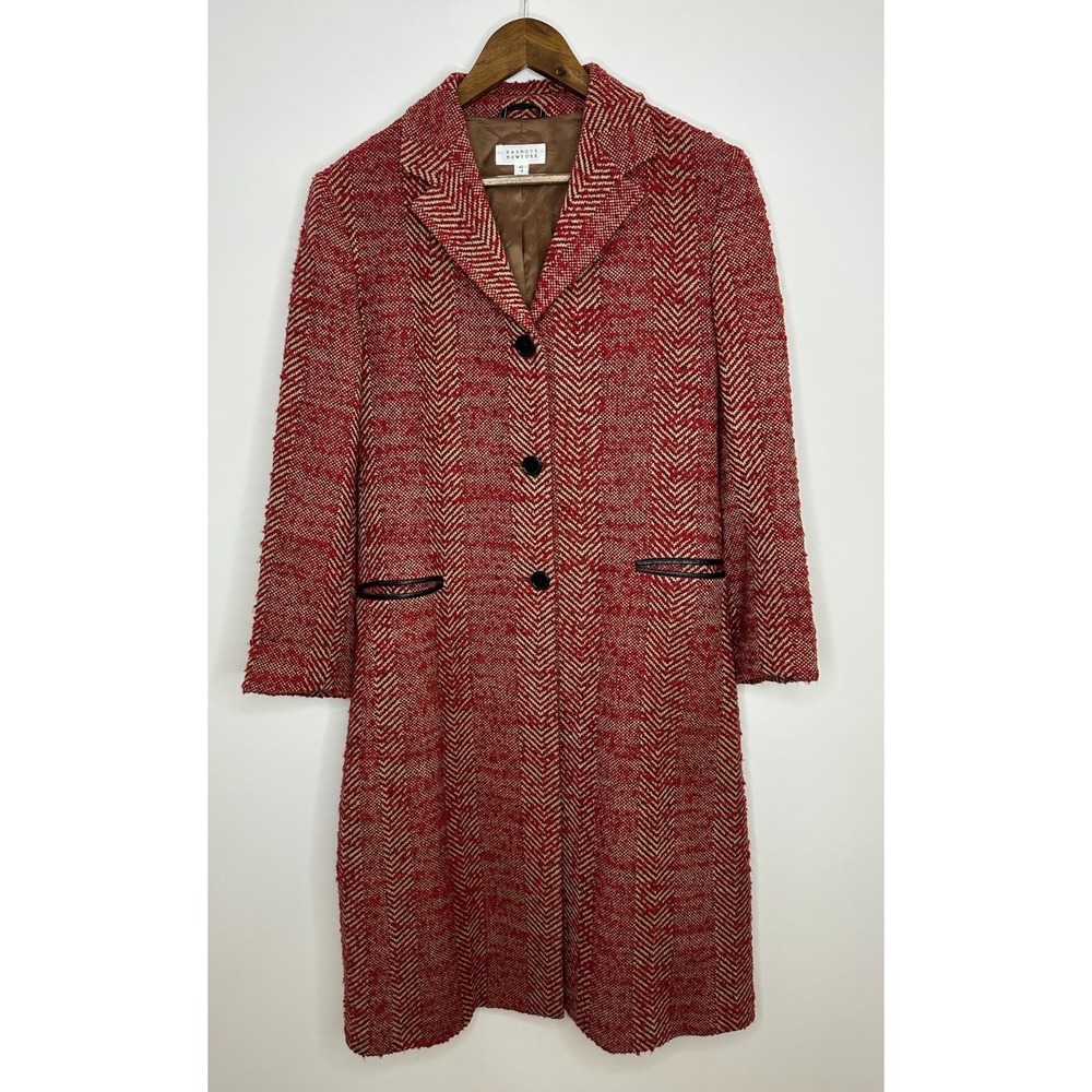 Barneys New York Herringbone Wool Tweed Overcoat Red Tan Italy Size 8 Long Coat - Picture 12 of 16